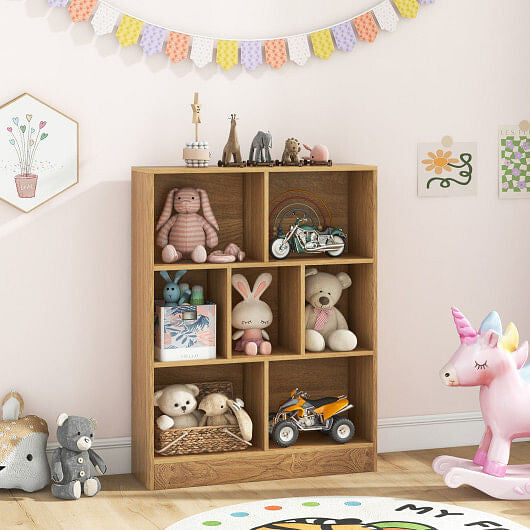 7-Section Freestanding Bookshelf for Kids Room Classroom Daycare Nursery-Natural-1