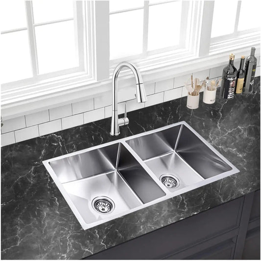 Fossa Premium Stainless Steel Handmade 37"x18"x10" Double Bowl Round Coupling Kitchen Sink Matte Finish Included Strainer-Basket,Sink Coupling,Waste Pipe-0