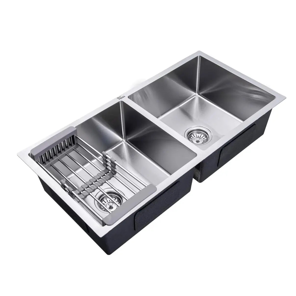 Fossa Premium Stainless Steel Handmade 37"x18"x10" Double Bowl Round Coupling Kitchen Sink Matte Finish Included Strainer-Basket,Sink Coupling,Waste Pipe-4